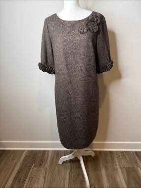 Jessica Howard Brown Tweed Midi Dress with Rosette Trim Size 16 Office Church